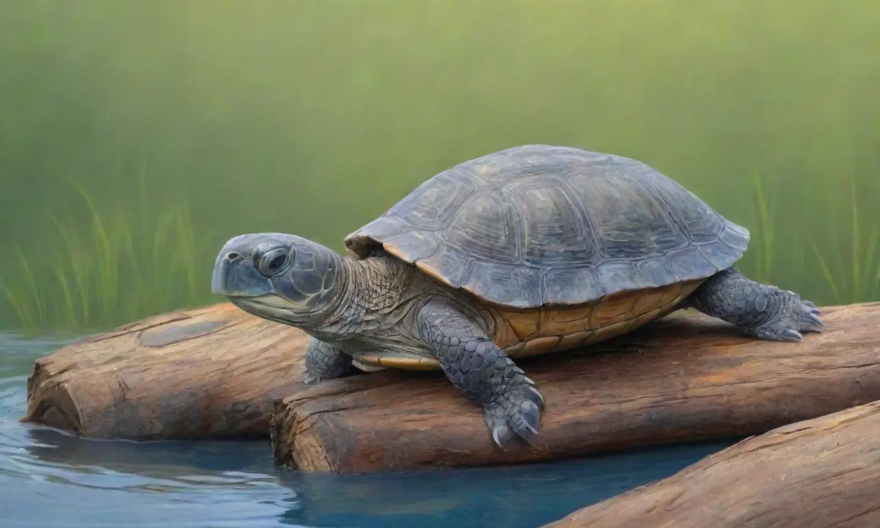 Una tortuga reposa en un tronco a la sombra, rodeada de una serena atmósfera