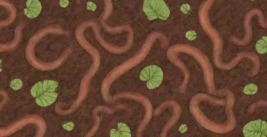 Tonos terrosos y gusanos se entrelazan en un paisaje armonioso que refleja el ciclo de la naturaleza