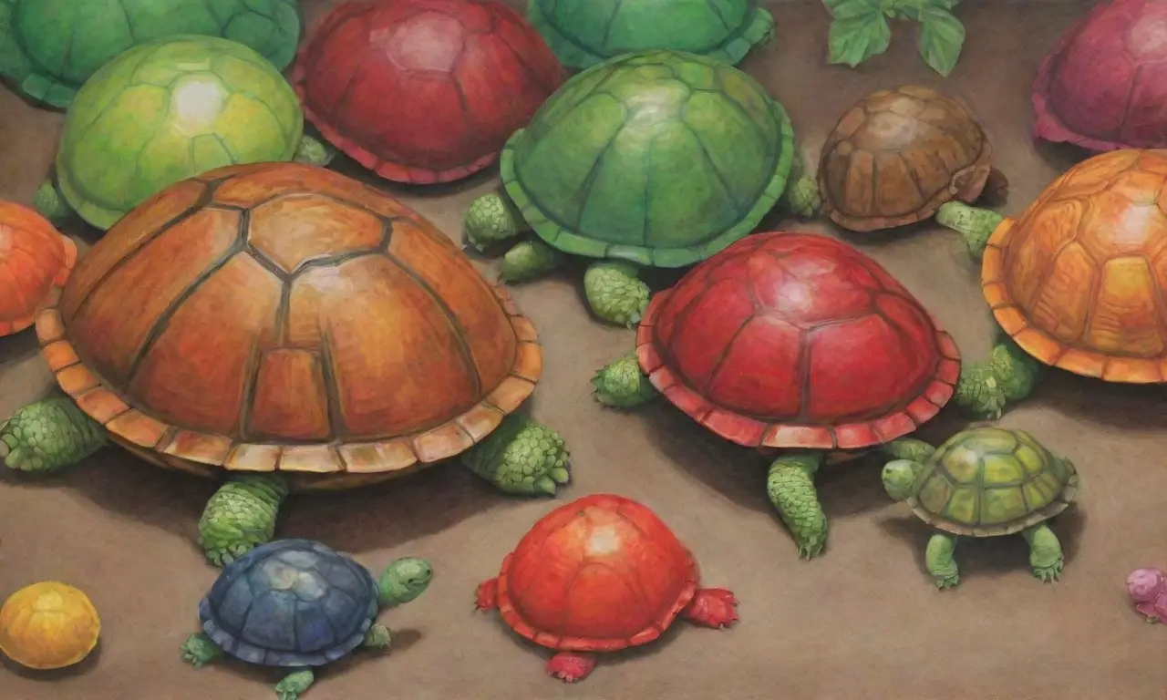 Tortugas con contornos definidos, conchas verdes brillantes y un entorno vibrante crean una narrativa visual llena de profundidad y contraste